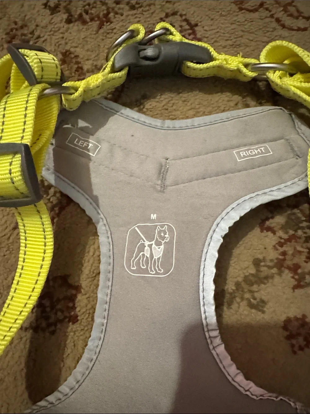 High-Visibility Yellow & Gray Dog Harness W/ Halloween moose pet hat